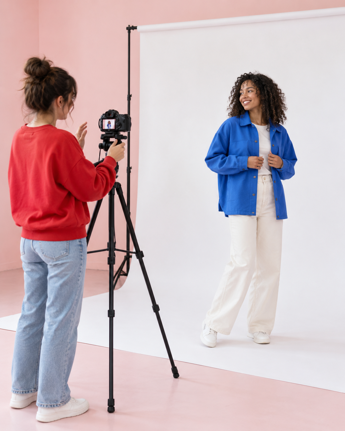 A fashion creator filming a styling video in a clean pink studio
