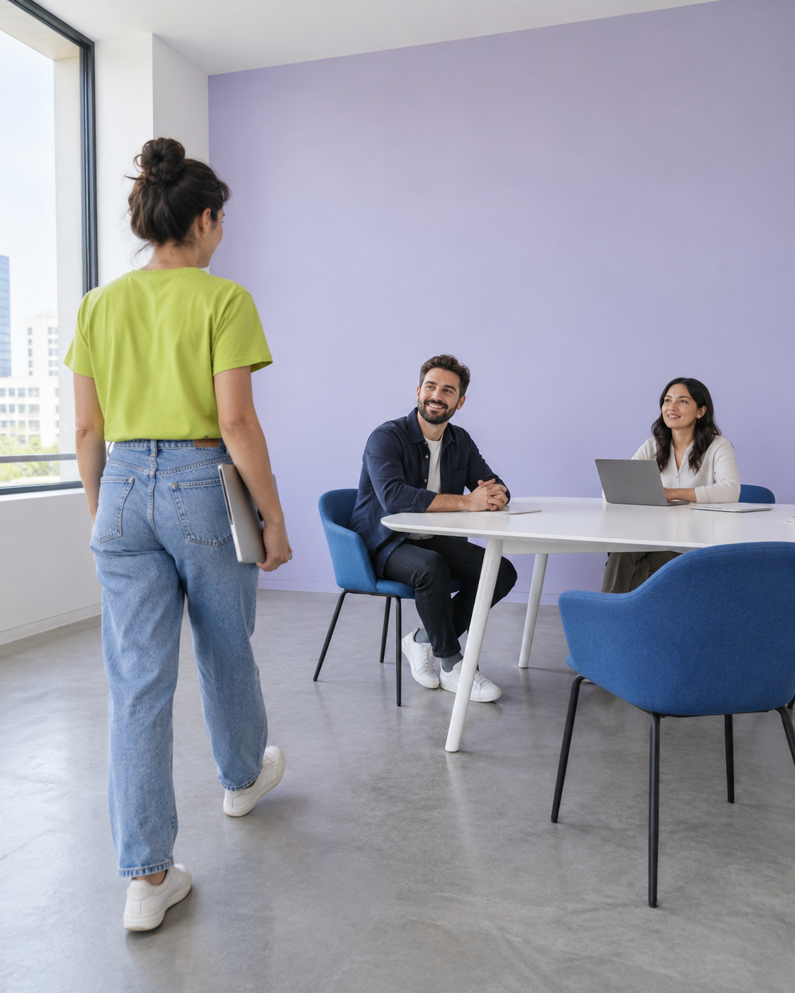 An office designer walking toward a simple meeting area