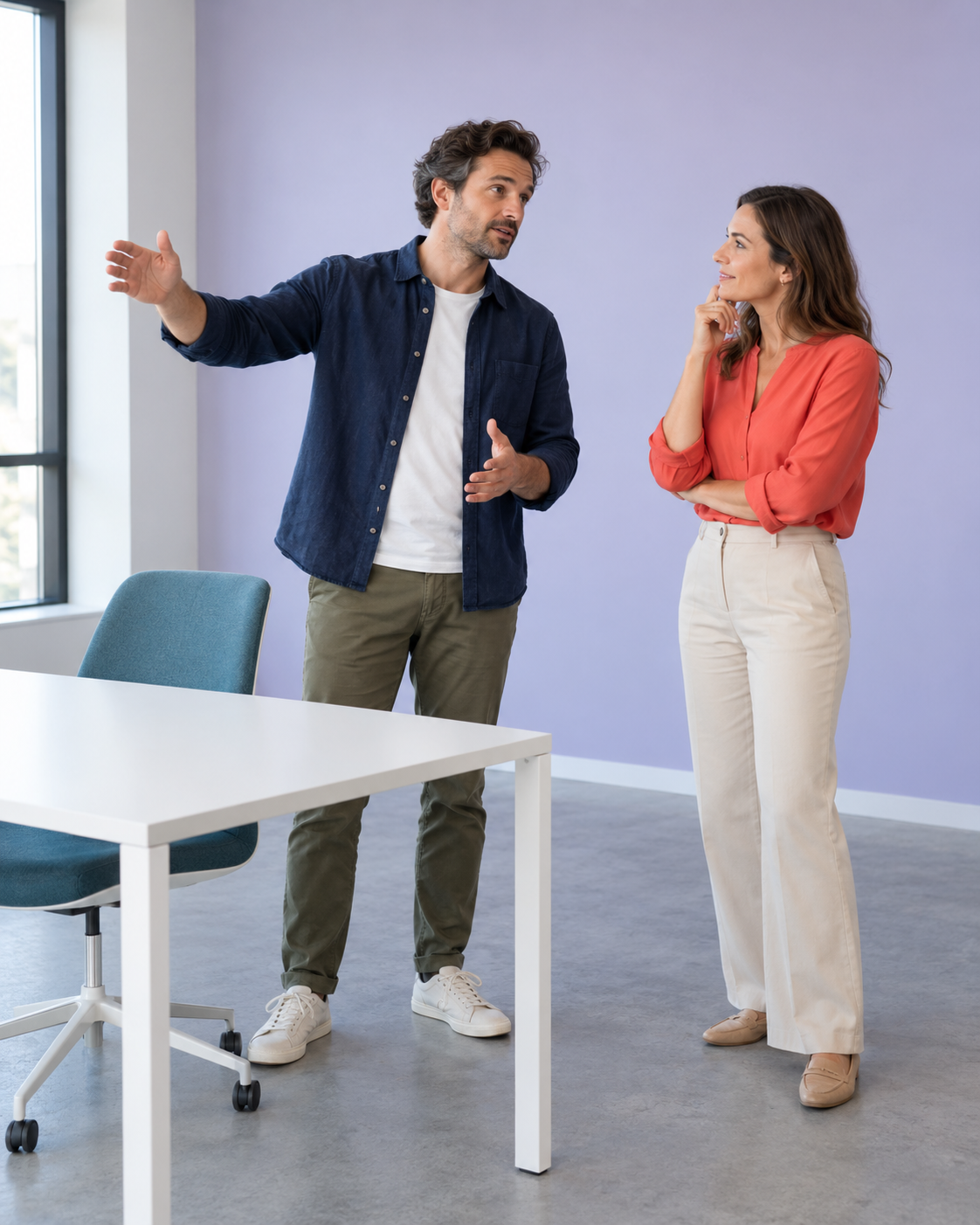 A designer and client discussing a modern office project