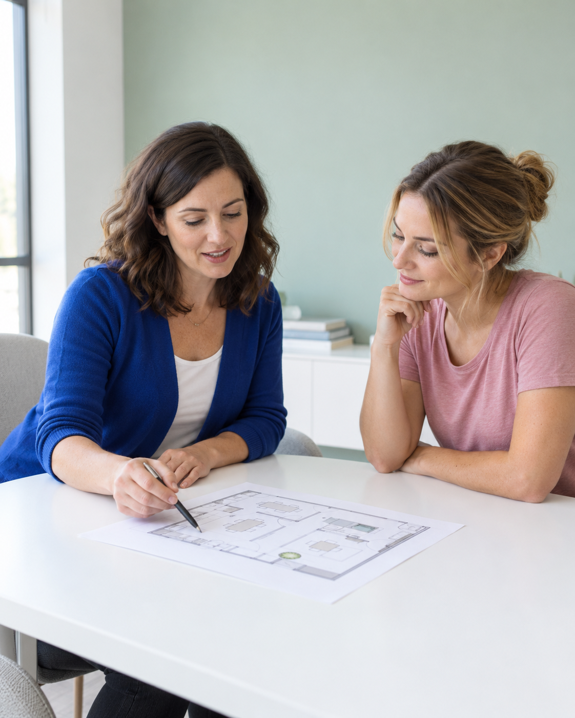 A designer explaining a workspace plan to a client